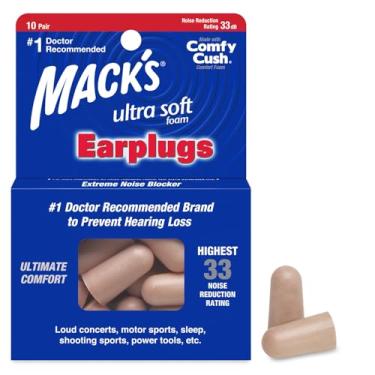 Imagem de Mack's Tampões de ouvido de espuma ultramacia, 10 pares – NRR mais alto de 33 dB, protetores auriculares confortáveis para dormir, ronco, trabalho, viagens e eventos altos