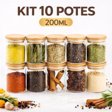 Imagem de Kit Conjunto 10 Potes Vidro Hermético 200ml Tampa De Bambu - Cosy