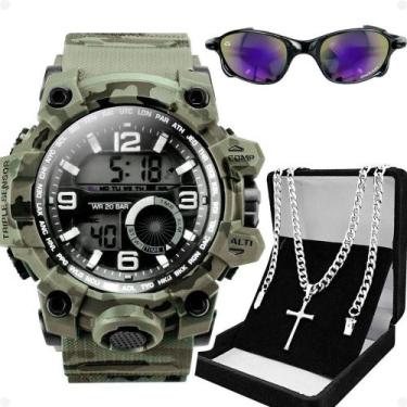 Imagem de Relogio Masculino Prova Dagua Digital + Oculos Sol + Cordão Prata Prot