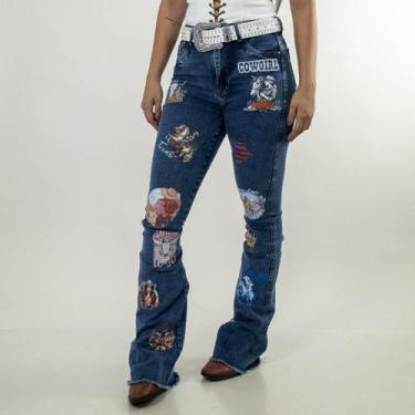 Imagem de Calça Jeans Feminina Azul Marmorizada Western Design Cintura Alta Flar