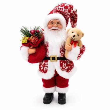 Imagem de Papai Noel Com Ursinho e Saco De Presente Natal Enfeite 30cm - MultiA,
