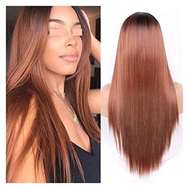 Imagem de Perucas femininas longas e lisas, peruca sintética azul claro para mulheres, peruca mista preta e loira, parte média, cabelo natural, perucas de cabelo humano (cor: 9161-R2-30, comprimento esticado: 66 cm)