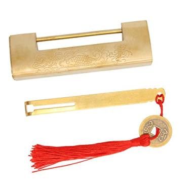 Imagem de Cadeado antigo, cadeado chinês de latão esculpido estilo antigo com chave, vintage decorativo requintado de latão para caixa de joias, armário, caixa de madeira antiga, decoração de casa (latão)