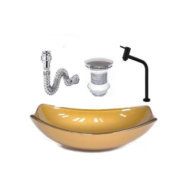 Imagem de Cuba De Vidro Oval Chanfrada 46Cm Dourado Real + Valvula + Torneira Metal Preta + Sifao