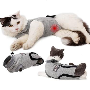 Imagem de Terno pós-operatório de recuperação de gato para castrado e desmame, colete cirúrgico elástico para gatos pequenos a grandes, alternativa de colar eletrônico de cone de curativos, cinza, M(BUST48 cm)