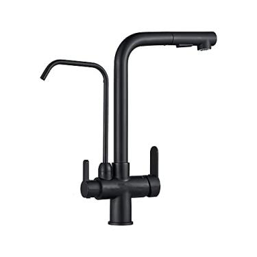 Imagem de Torneira de cozinha removível preta fosca com saída de água pura torneiras misturadoras de água quente e fria montadas torneiras de pia de manípulo duplo guindaste, China