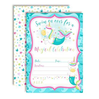 Imagem de Convites de festa de aniversário de sereias de unicórnio mágico para meninas, 20 cartões de 12,7 cm x 17,7 cm com vinte envelopes brancos da AmandaCreation