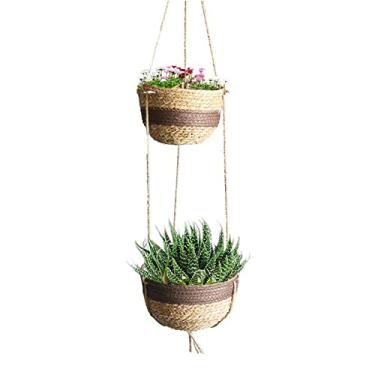 Imagem de Yajun Cesta de vaso de plantas suspensa de 2 camadas vaso de flores natural tecido à mão para decoração de casa forro de plástico de vime interno organizador de armazenamento, marrom, A: 105 cm