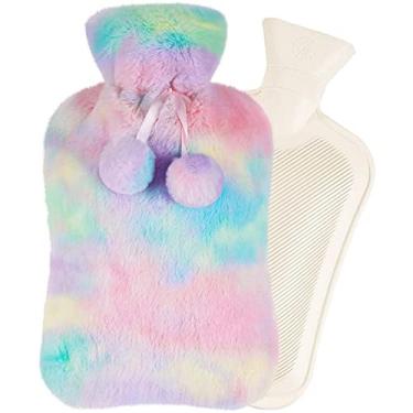 Imagem de Garrafa de água quente com capa de pelúcia macia bolsa de água quente para compressas quentes e frias, aquecedor de pés de mão, ideal para cólicas menstruais, alívio da dor no pescoço e ombro, multicolorido, 1800 ml
