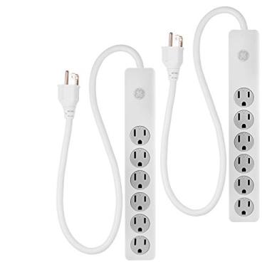 Imagem de GE Protetor de sobretensão de 6 saídas, 2 unidades, cabo de extensão de 6 pés, tira de energia, 450 Joules, capas de segurança de torção para fechar, certificação UL, branco, 54625