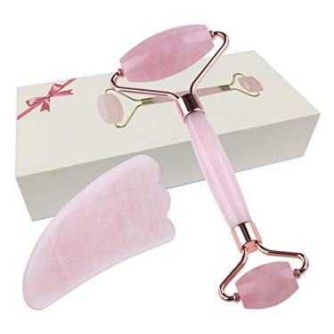 Imagem de Rolo de jade, rolo de quartzo rosa e ferramenta Gua Sha, rolo facial de jade 100% natural, massageador de rolo facial anti-envelhecimento