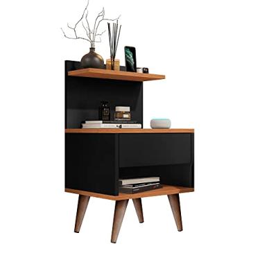 Imagem de Mesa de Cabeceira Sleep Pés Cor Preto Nature Prateleira e Gaveta Criado Mudo Preto Decoração