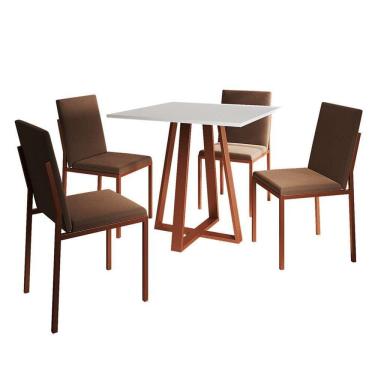 Imagem de conjunto de mesa de jantar com tampo branco e 4 cadeiras mônaco veludo marrom e cobre