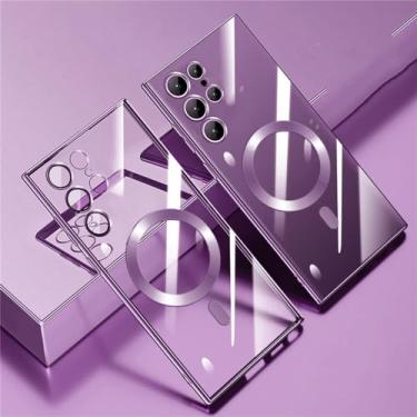 Imagem de MVVKKY Capa de carregamento magnética sem fio à prova de choque para Samsung S23 Ultra S23 S22Ultra S21 Plus Tampa traseira de vidro com lente transparente, roxa, para Samsung S22 Plus