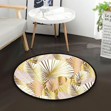 Imagem de Tapete de área redondo dourado folhas de rosa pálido tapetes antiderrapantes tapete circular macio tapete circular para decoração de quarto