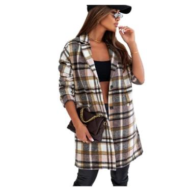 Imagem de Casaco feminino de manga comprida estampado xadrez com casaco longo de lapela, Rosa, XG