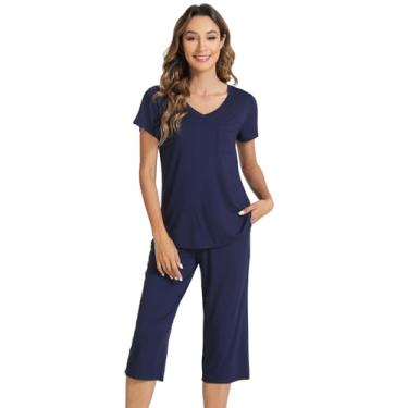 Imagem de WiWi Pijama feminino de manga curta e calça capri loungewear macio 2 peças capri pijama casual P-2GG, Azul marino, XXG