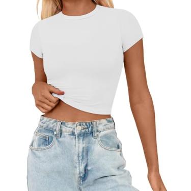 Imagem de Yousify Camisetas femininas curtas de verão fofas Y2k camisetas casuais básicas gola redonda cor sólida slim fit camisetas P-XGG, Branco, XXG