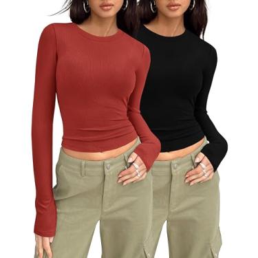 Imagem de MASCOMODA Camisetas femininas de manga comprida para sair, pacote com 2, camisetas básicas casuais de malha canelada, justas, gola redonda, Vermelho tijolo, preto, G