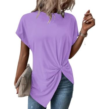 Imagem de Remidoo Camiseta feminina com bainha assimétrica, gola redonda, manga curta, nó torcido, Roxo claro, XG