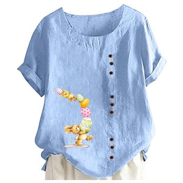 Imagem de Camiseta de Páscoa feminina de linho com estampa de coelho, manga curta, gola redonda, túnica, caimento solto, camisa de verão, Azul claro, GG