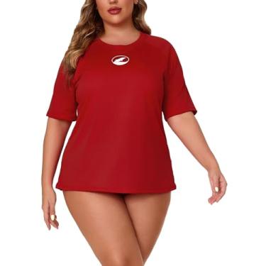 Imagem de Halcurt Camiseta feminina de natação Rash Guard plus size, sutiã embutido, manga curta, UPF50, leve, Vermelho sólido/sutiã embutido, 3X