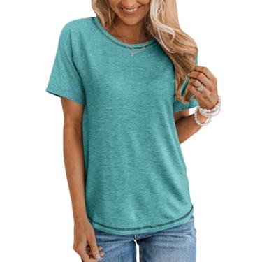 Imagem de TICTICMIMI Camiseta feminina de verão de manga curta casual gola redonda básica camisetas soltas túnicas, Azul-petróleo, GG