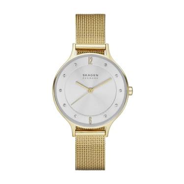Imagem de Skagen Relógio feminino Anita com pulseira de aço inoxidável, pulseira de malha ou couro, Dourado, Standard, Anita