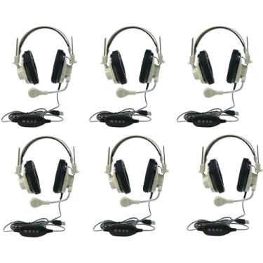 Imagem de 3066-USB CT Pacote com 6 fones de ouvido estéreo over-ear deluxe bege; microfone pescoço de ganso; plugue USB; cabo resistente a cortes e mastigação de 1,8 m de comprimento; faixa de cabeça ajustável;