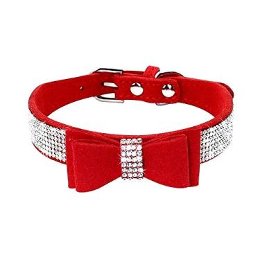 Imagem de Haoyueer Coleira de strass para cães, linda e cintilante de couro de camurça macia para cães e gatos, coleira de strass com diamante de cristal (M, vermelho-1)