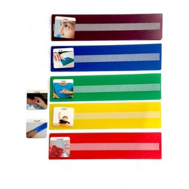 Imagem de 5 tiras de frases grandes com 7 cartas coloridas para iniciantes perfeitas para construir 2 a 4 palavras - Autismo ABA, TDAH, linguagem e asperger de apraxia (grande)