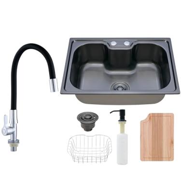 Imagem de HOLTTER, Kit Cuba Gourmet Aço Inox com Tábua e Torneira Preta de Bancada Conjunto Embutir ou Sobrepor com Acessórios Torneira Gourmet Flexível Torneira de Bancada (Jato Único)