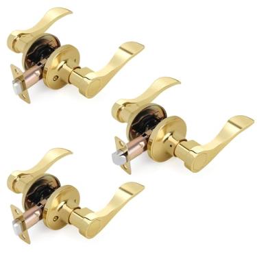 Imagem de LOQRON Maçaneta de porta estilo onda, maçanetas de porta de passagem, pacote com 3 maçanetas internas sem chave douradas reversíveis para canhoto/destro para corredor e armário com acabamento em latão