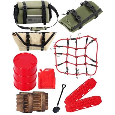 Imagem de RCHuiWow RC Upgrades Part Axial SCX24 1/18 Trx4m,Luggage Net,Sleeping Bag,Luggage,Decorative Package,Wood Box,Fuel Tanks,Sand Ladder,Oil Drum, Shovel,Red