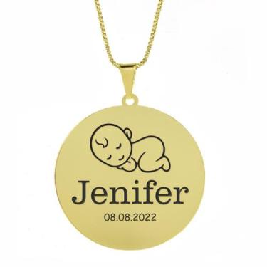 Imagem de Gargantilha Pingente Redondo Personalizado Nome Jenifer Banhado Ouro 1