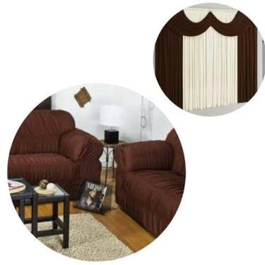 Imagem de Kit Capa De Sofá 2 E 3 Lugares 21 Elásticos + Cortina Riviera 2 Mts Ma