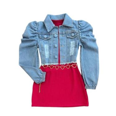 Imagem de Vestidinho Infantil E Jaqueta Jeans Blogueira+ Cinto Coração - Ak Fash