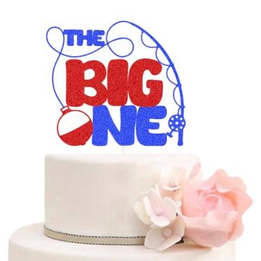Imagem de ZLPDS The Big One Happy Birthday Cake Topper Fishing Happy 1st Birthday One Year Old Bobber Fish Man Fishery Pole Fisher Birthday Party Supplies Blue Red Glitter