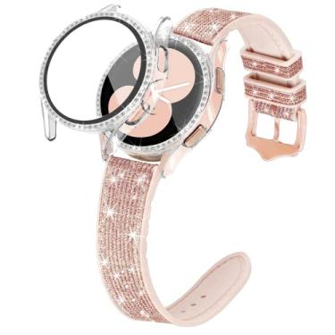 Imagem de G-ficu Pulseira de silicone brilhante compatível com Samsung Galaxy Watch 4 - 40 mm com capa protetora de tela, pulseira feminina de liberação rápida de 20 mm com glitter e capa protetora brilhante (ouro rosa)