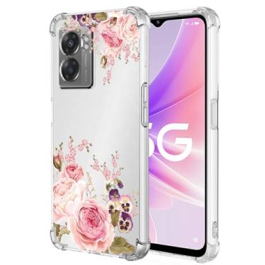 Imagem de Yerebel Capa para OnePlus Nord N300 5G/Oppo A57 5G/A77 5G/Realme Q5i 5G/Realme V23 5G/Realme V23i, Capa de telefone de borracha macia TPU transparente flexível para Oppo A57 5G Roseflower