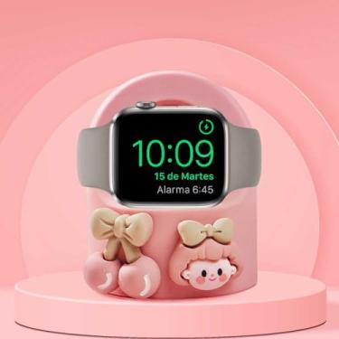 Imagem de Lindo carregador de desenho animado Cherry Girls adequado para Apple Watch séries 10/9/8/SE2/SE/Ultra2/Ultra/7/6/5/4/3/2/1 (49 mm, 45 mm, 44 mm, 42 mm, 41 mm, 40 mm, 38 mm), base de carregamento de