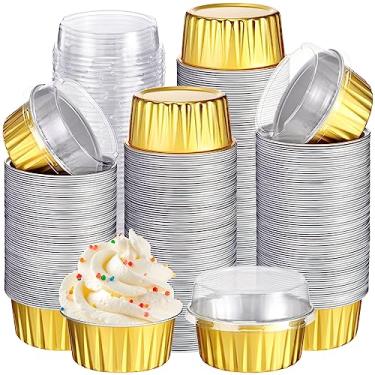 Imagem de Gejoy 400 peças de copos de alumínio para assar, com tampas, 142 g, ramequins descartáveis, mini formas de bolo, creme brulee, forros de cupcake, latas de muffin, molde de pudim, recipiente de
