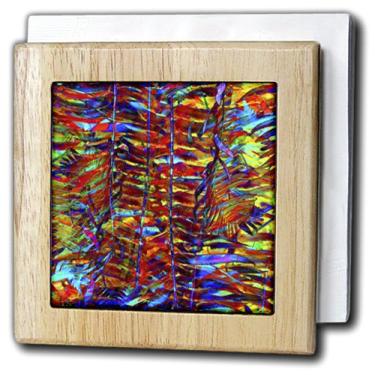 Imagem de 3dRose Porta-guardanapos de azulejo "Folhas de samambaia com matizes abstratos de vermelho amarelo laranja e azuis", 15 cm, natural