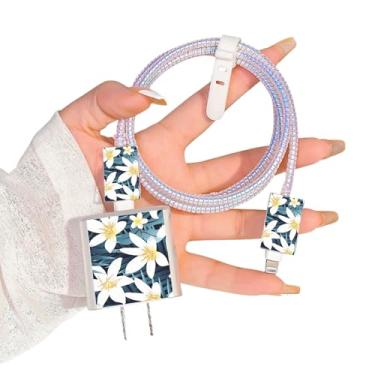 Imagem de CameCosy Protetor de cabo de carregador de iPhone, design de flor de lírio bonito, cabo de dados, capa USB protetor de carregador de telefone para iPhone 11 12 13 14 Pro Max XS XR X 7 8 Plus