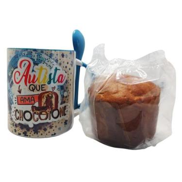 Imagem de Canetone Caneca azul colher Autista que ama Chocotone + Chocotone 80 g