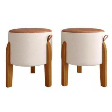 Imagem de Conjunto Puff, puf banqueta sala redondo pés em madeira tampo em couro