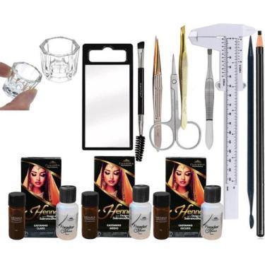 Imagem de kit de sobrancelhas profissional Macrilan com henna pinças pincel chan
