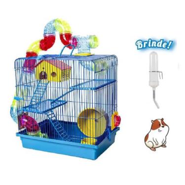 Imagem de Gaiola Hamster 3 Andares Tubo Super Luxo Azul + Bebedouro - Jel Plast
