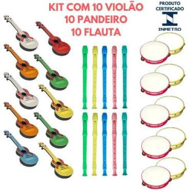 Imagem de Kit 10 Viola Infantil 10 Pandeiro 10 Flauta Brinquedo Instrumentos Mus