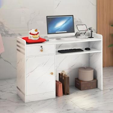 Imagem de Mesa de recepção, balcão de recepção, mesa de balcão de recepção com gavetas com trava para supermercado loja de conveniência hotel, mármore branco, médio
